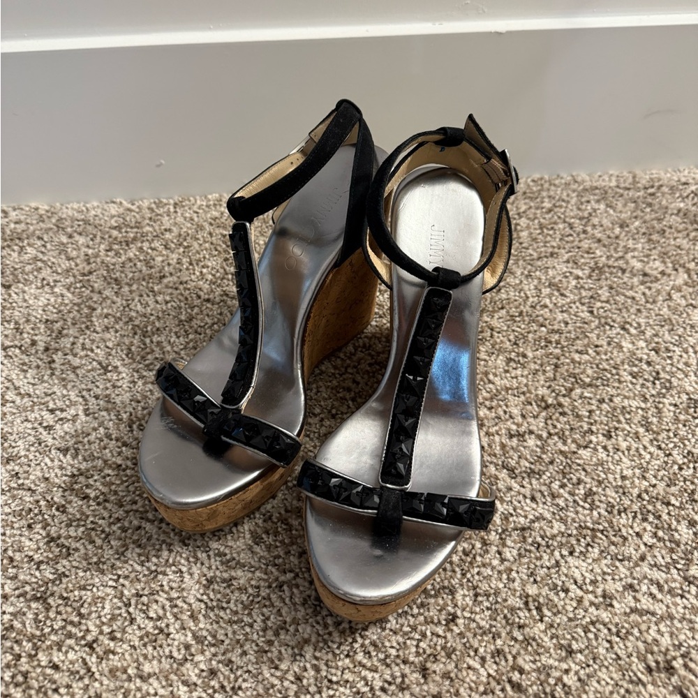 Black and Silver Wedge Sandals
